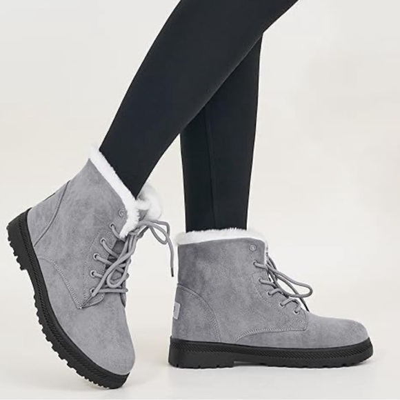 Alicegana Shoes - Women's Cotton Grey Warm Sherpa Fur Snow Winter Lace Up Ankle Boots